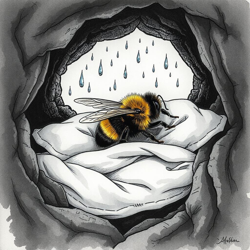 Bumblebee Hiding from Rain: Storybook Charcoal Illustration