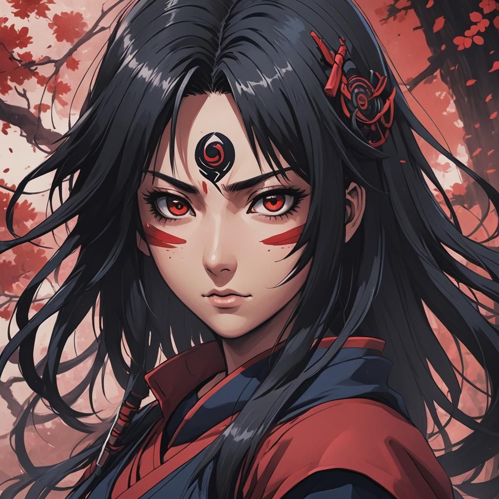Anime Kunoichi with Sharingan Eyes, Cel-Shaded Style
