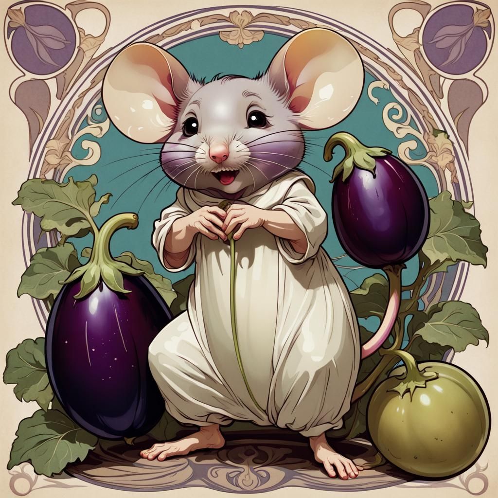 Mouse Reaching for Eggplant in Alphonse Mucha Style