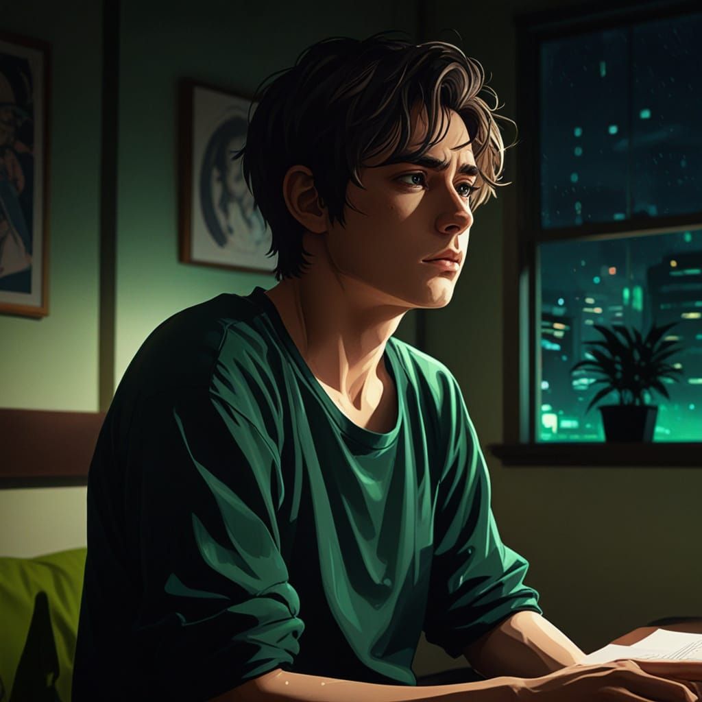 Mysterious Green-Lit Solitude in Darkened Bedroom