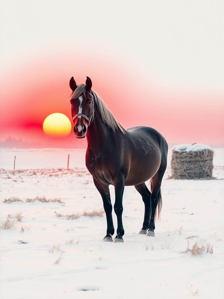 Majestic Horse Stands in Snowy Field Amid Scarlet Sunset