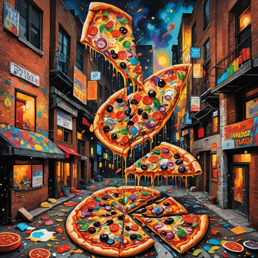 Abstract Expressionist Pizza in Gritty Urban Setting