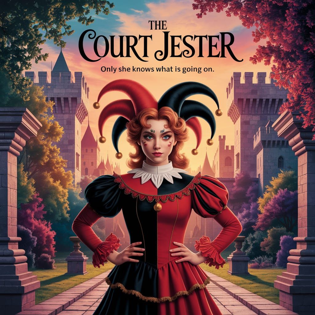 Whimsical Female Jester Outside Castle Walls in Vibrant Matt...