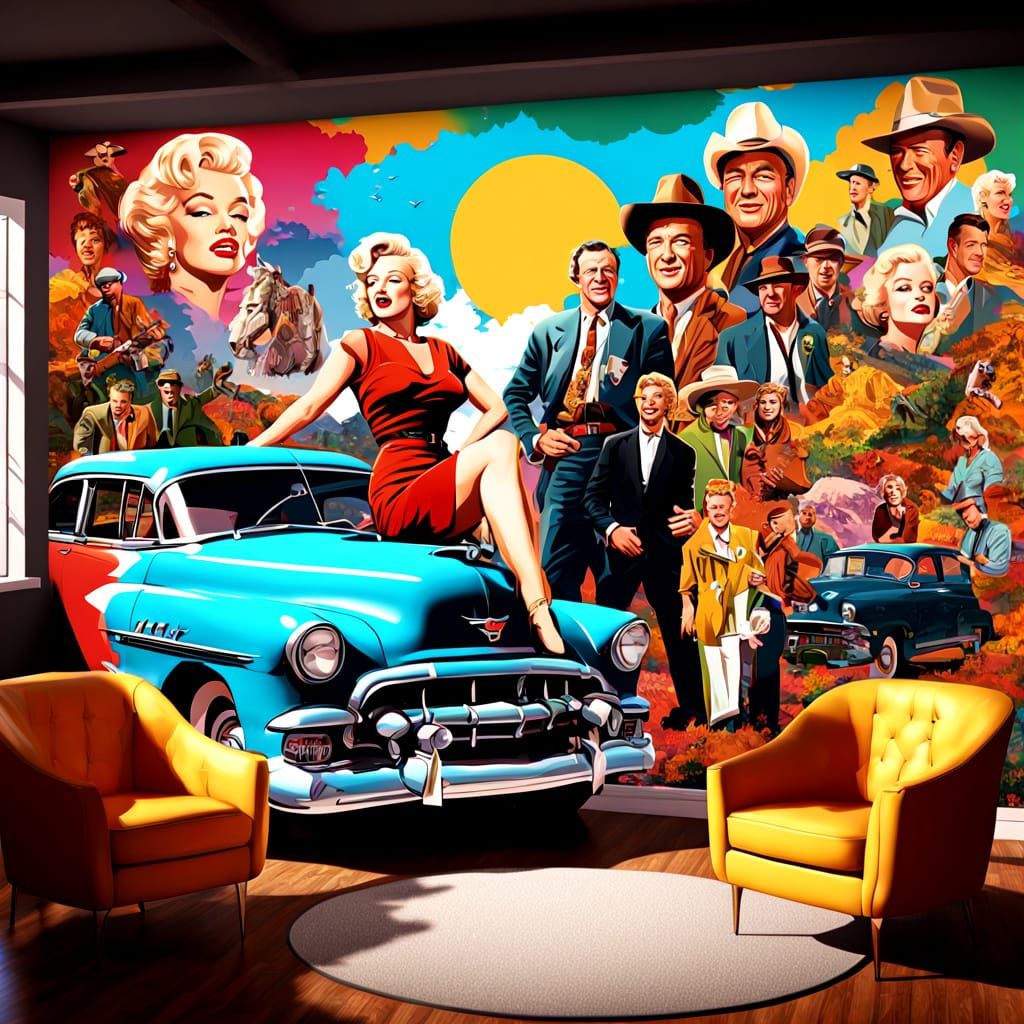 Vibrant Pop Art Mural Celebrating Hollywood Icons in a Fanta...