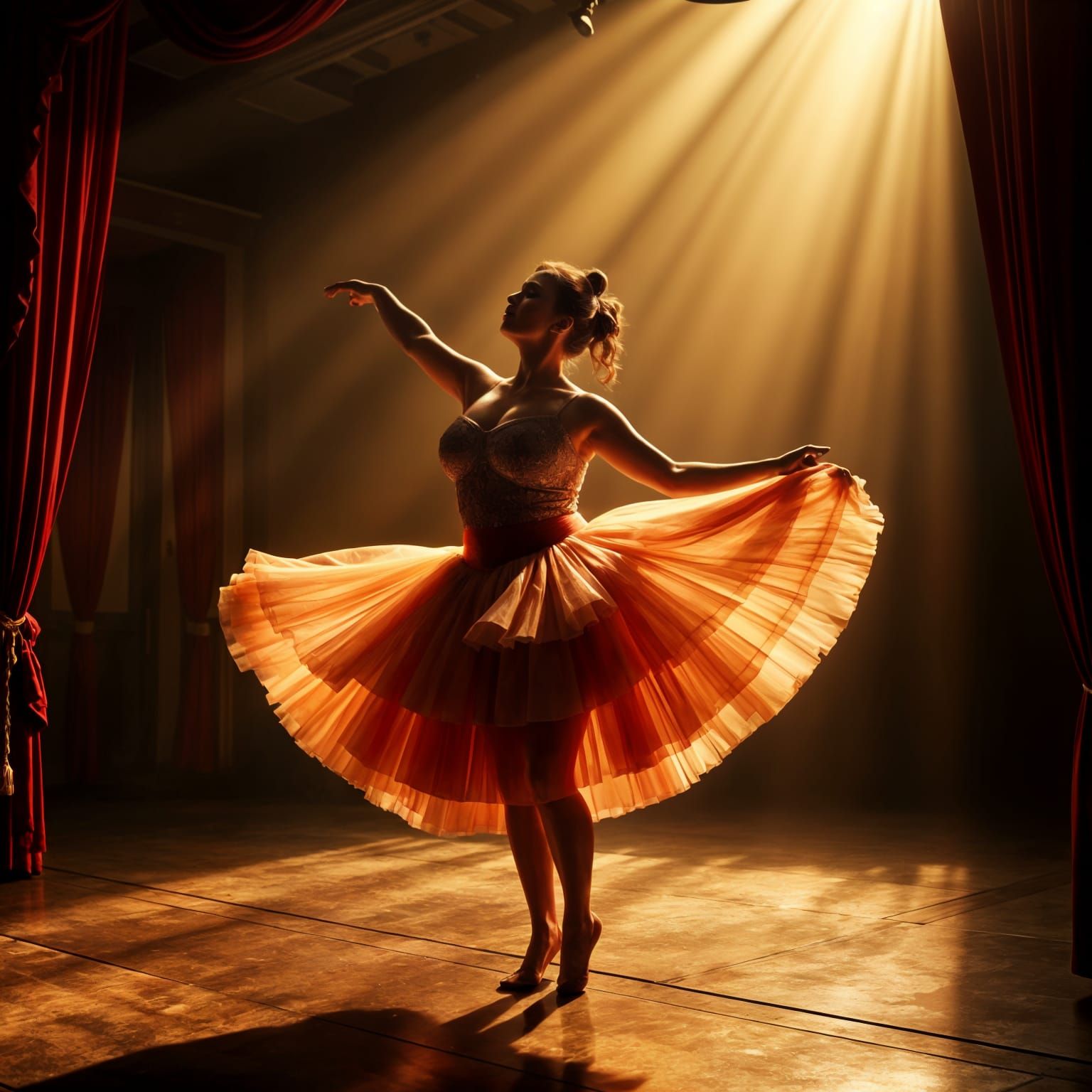 Poignant Ballet Dancer on Dusty Stage in GodRays