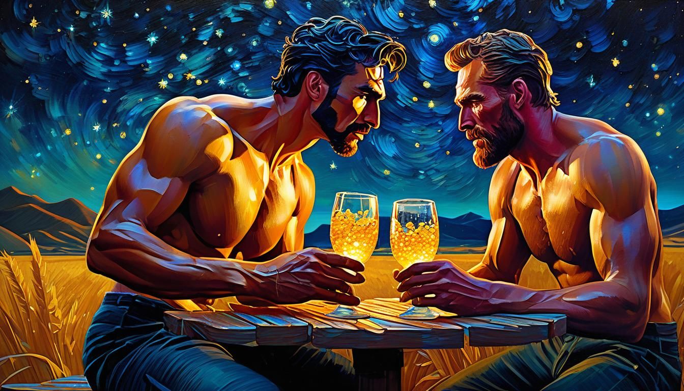 Moonlit Champagne Toast in Straw Painting Style