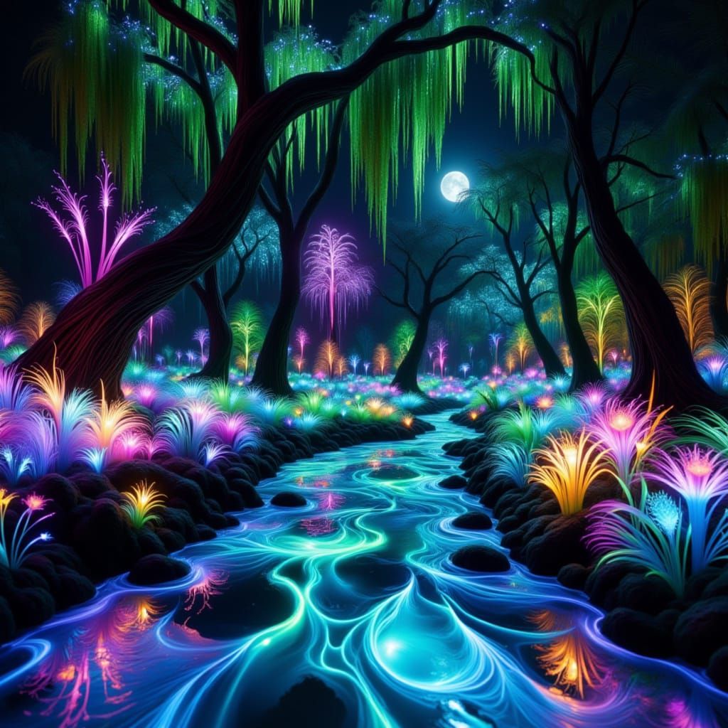 Glowing Fiber Optic River in a Surreal Glitchcore Landscape