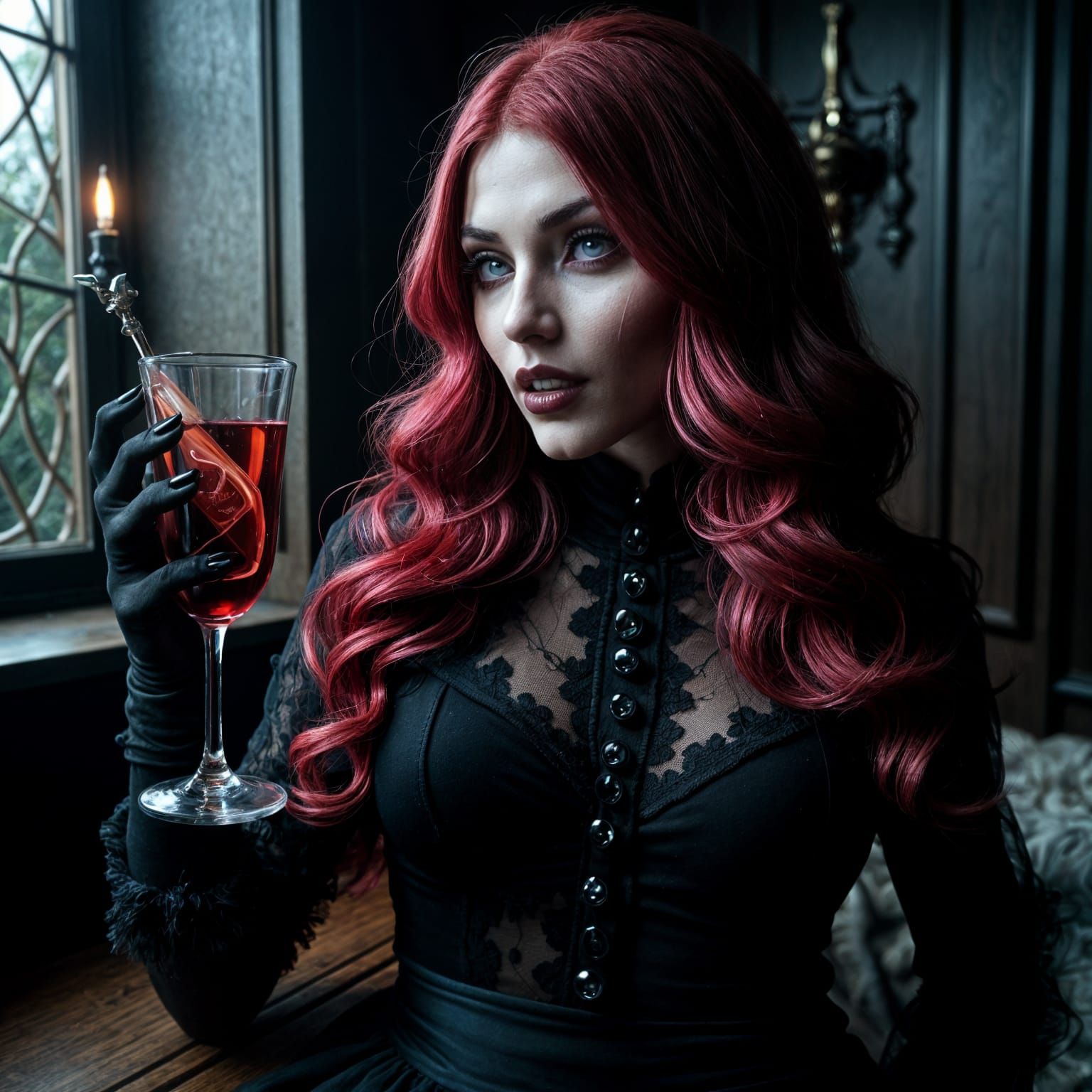 Modern Vampire Goddess in Neon Red Hair and Black Velvet