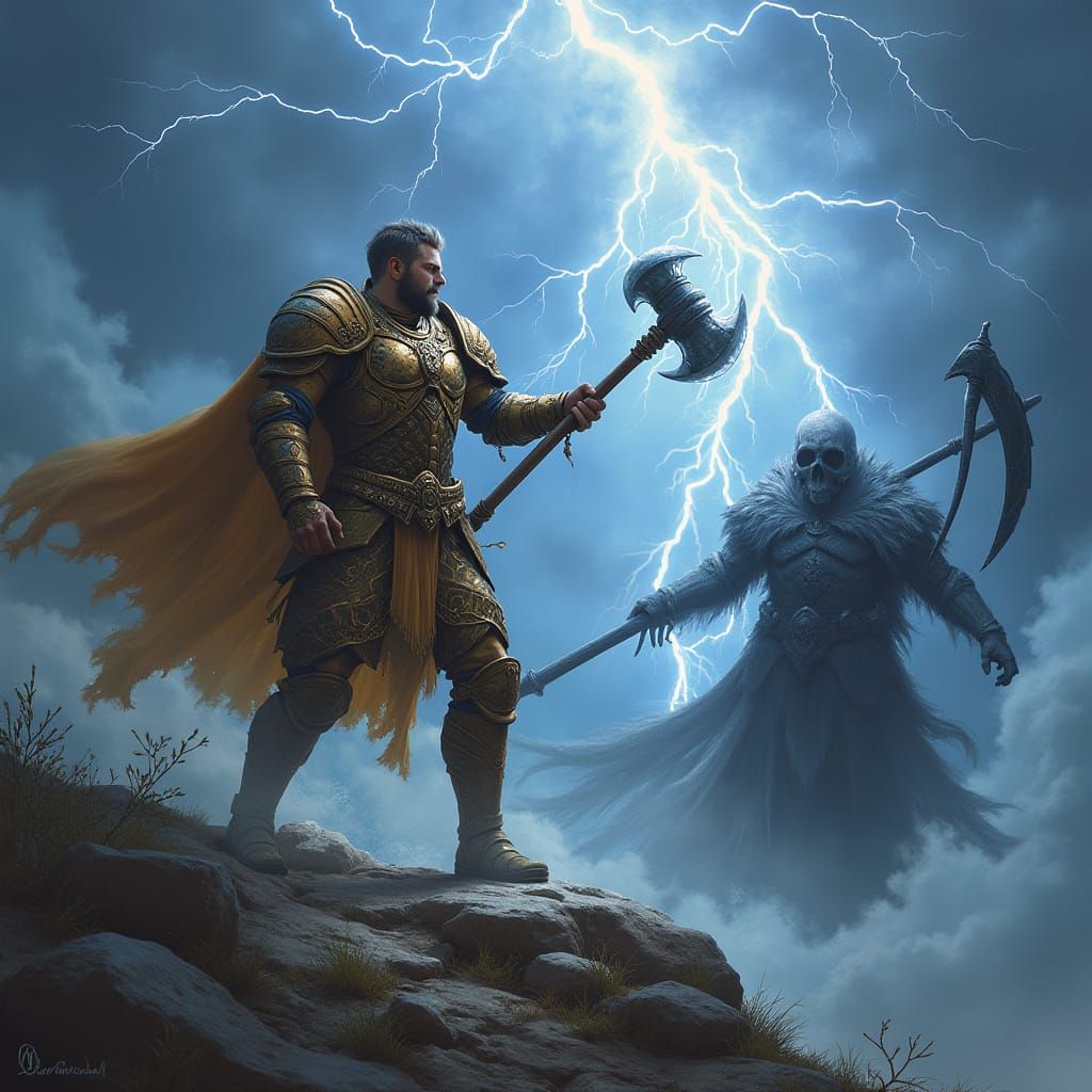 Lightning God Battles Void Reaper in Stormy Realm