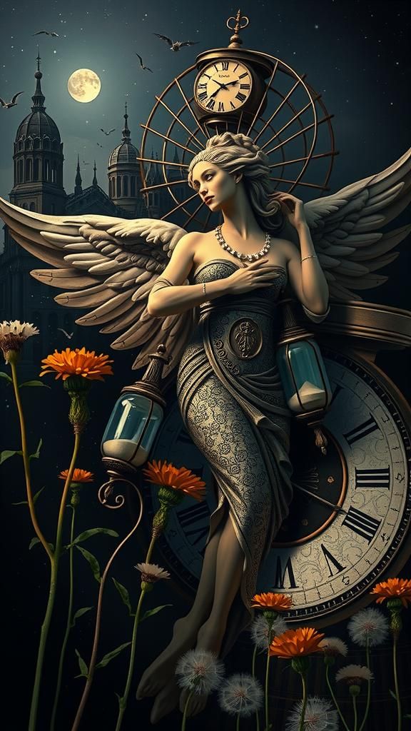Dreamlike Landscape with Dandelions, Clocks, and Angel