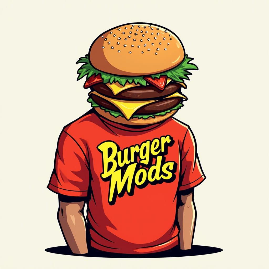GTA-Inspired Mascot with Burger Head and Red Shirt, Emblazon...