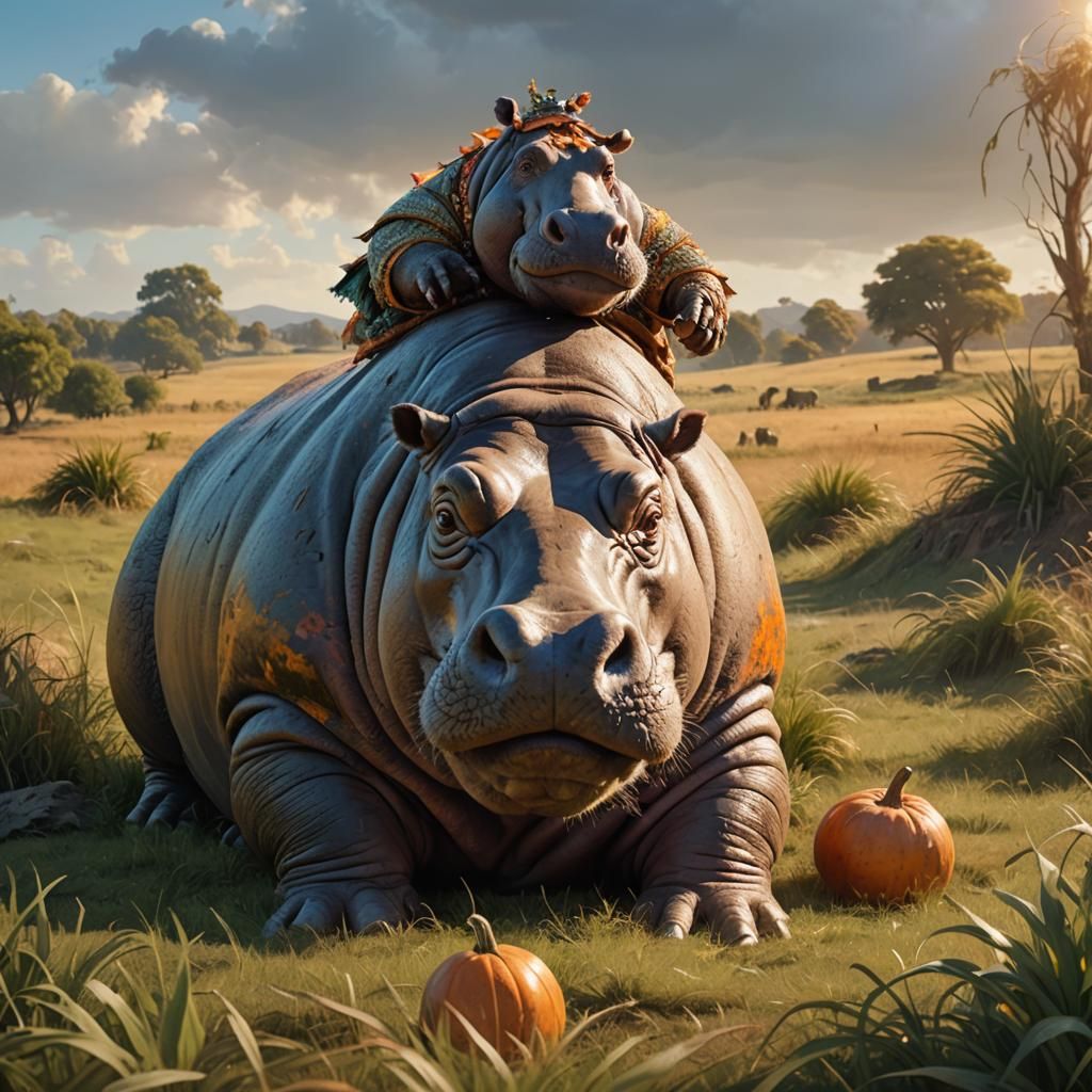 Hippo Rider in Sunny Field: Photorealistic Concept Art