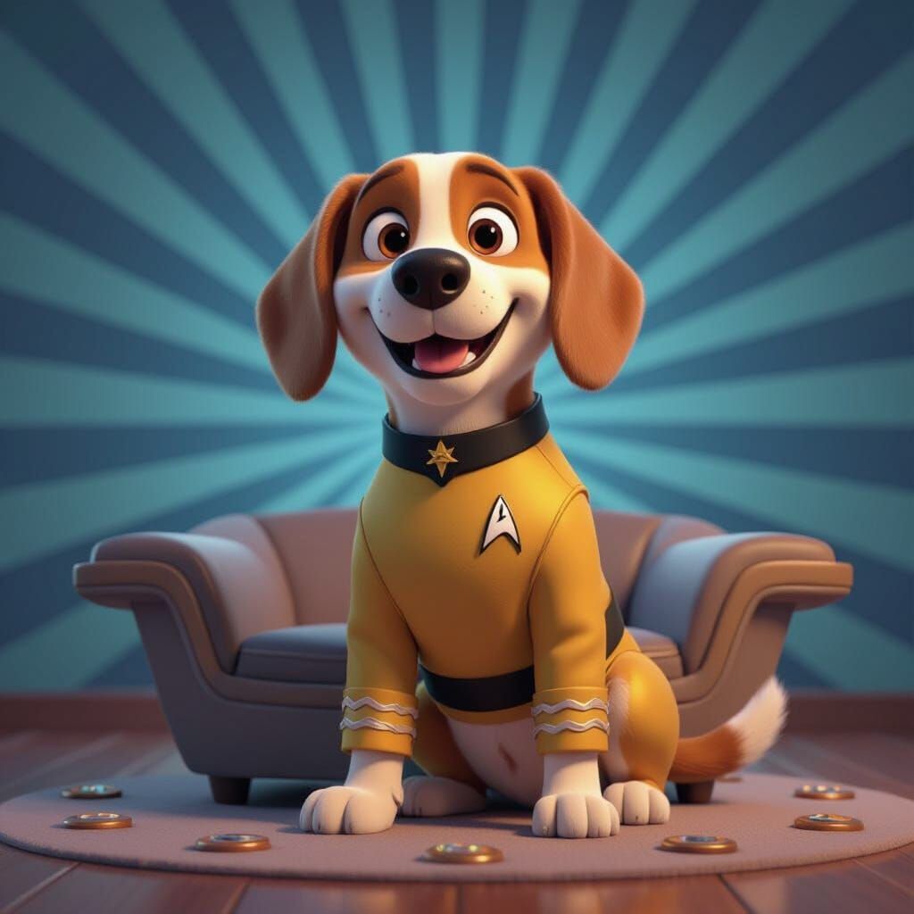Smiling Beagle in Star Trek Uniform Poses by Captain's Chair...