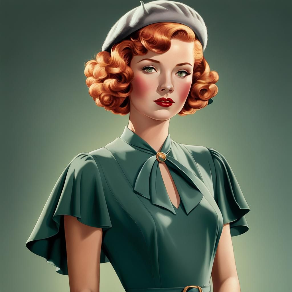1930s Lady in Green Dress: Ethereal Fantasy Portrait