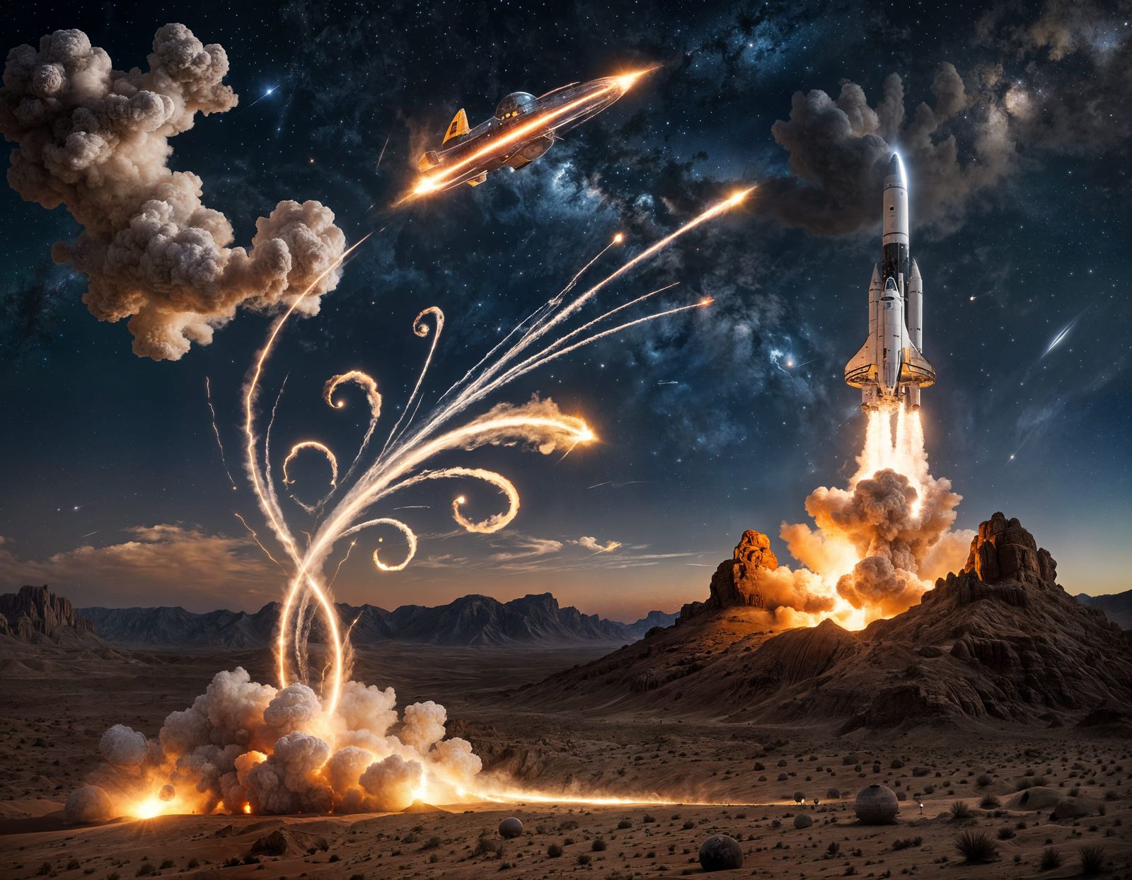 Cosmic Spacecraft Blazing Through Desert Night