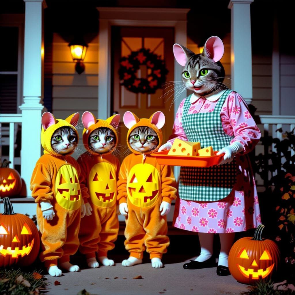 Pop Art Cats in Mouse Costumes on Halloween Porch