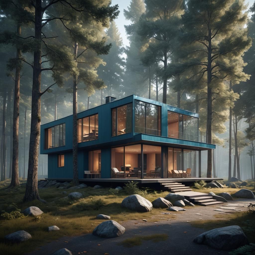 Reflective Glass Cabin in Forest: Postmodern Architecture