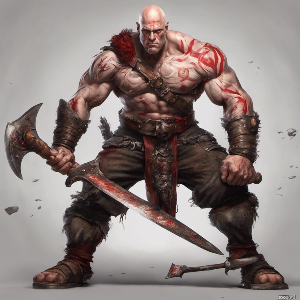 Gray-Skinned Barbarian Warrior with Red Tattoos