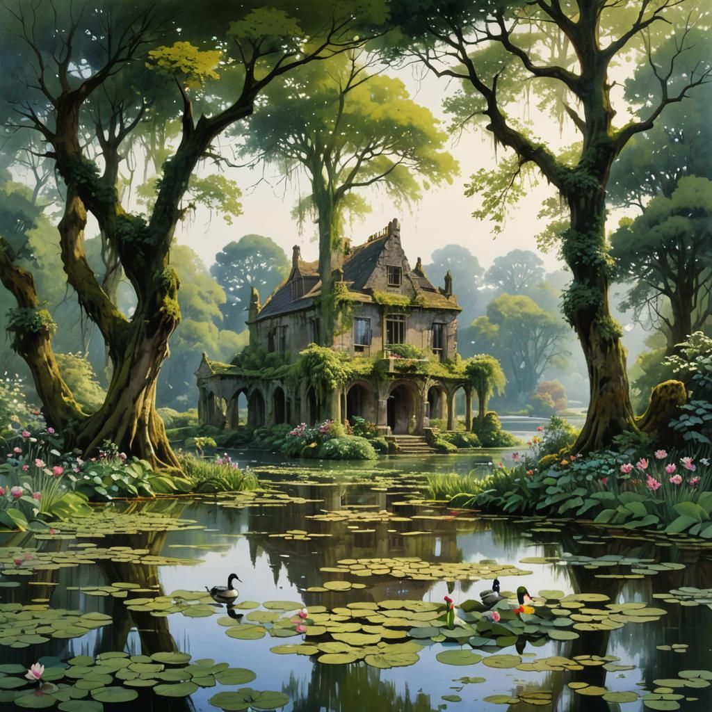 Lakeside Manor Ruins in Watercolor Style