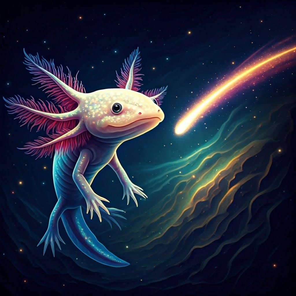 Celestial Axolotl Gazing at its Reflection