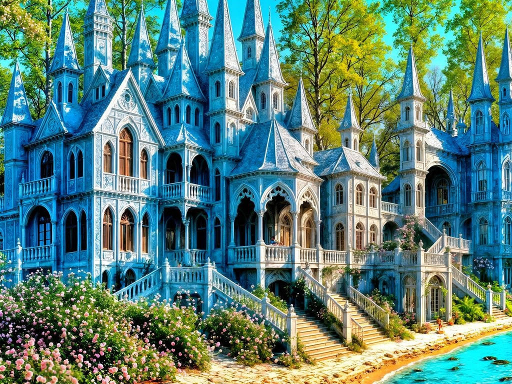 Ethereal Victorian Mansion Amidst Vibrant Wildflowers