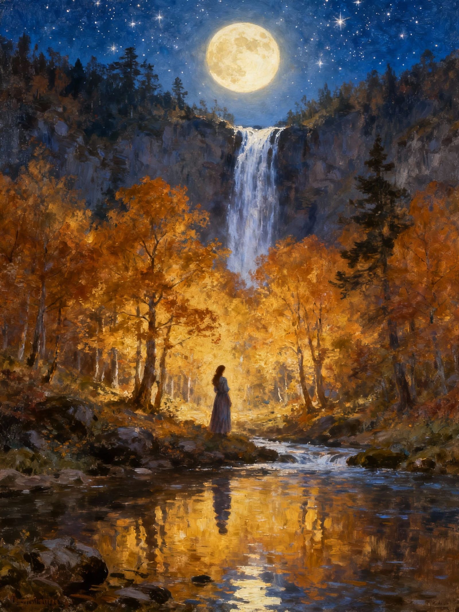Woman in Moonlit Autumn Forest with Waterfalls