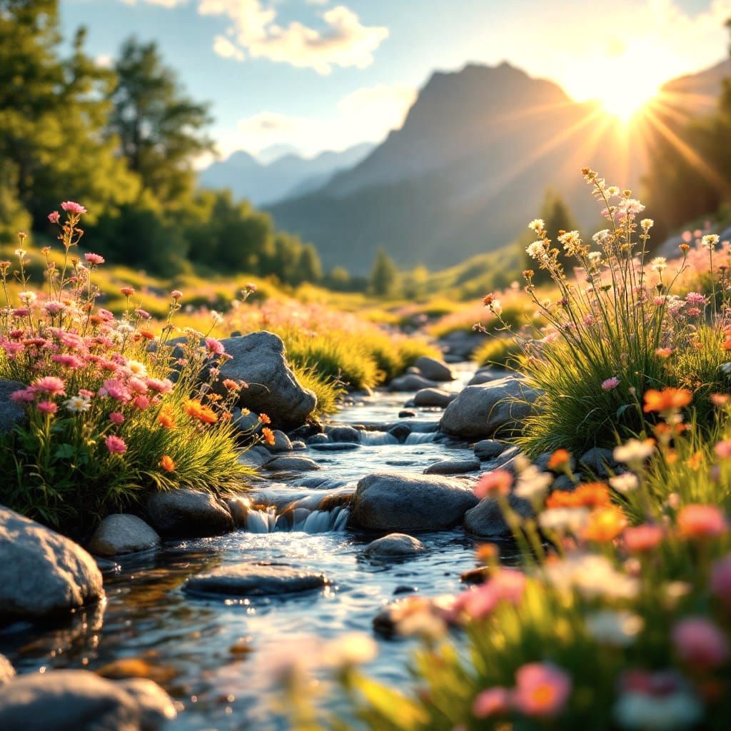 Peaceful Meadow with Wildflowers and Golden Sunlight
