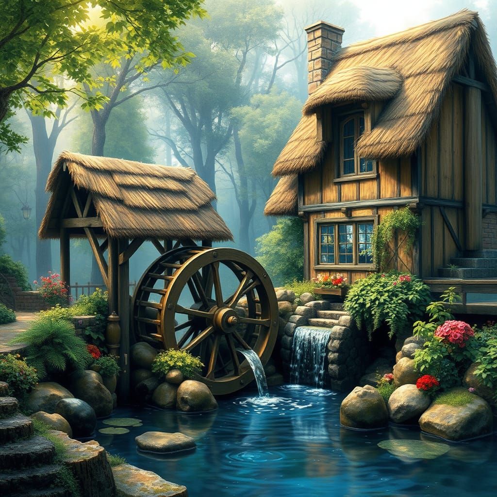 Whimsical Waterwheel in a Dreamy Forest Glade