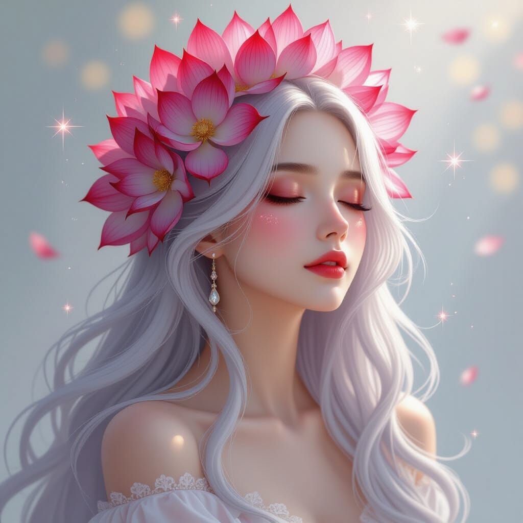 Ethereal Woman with Lotus Crown in Art Nouveau Style