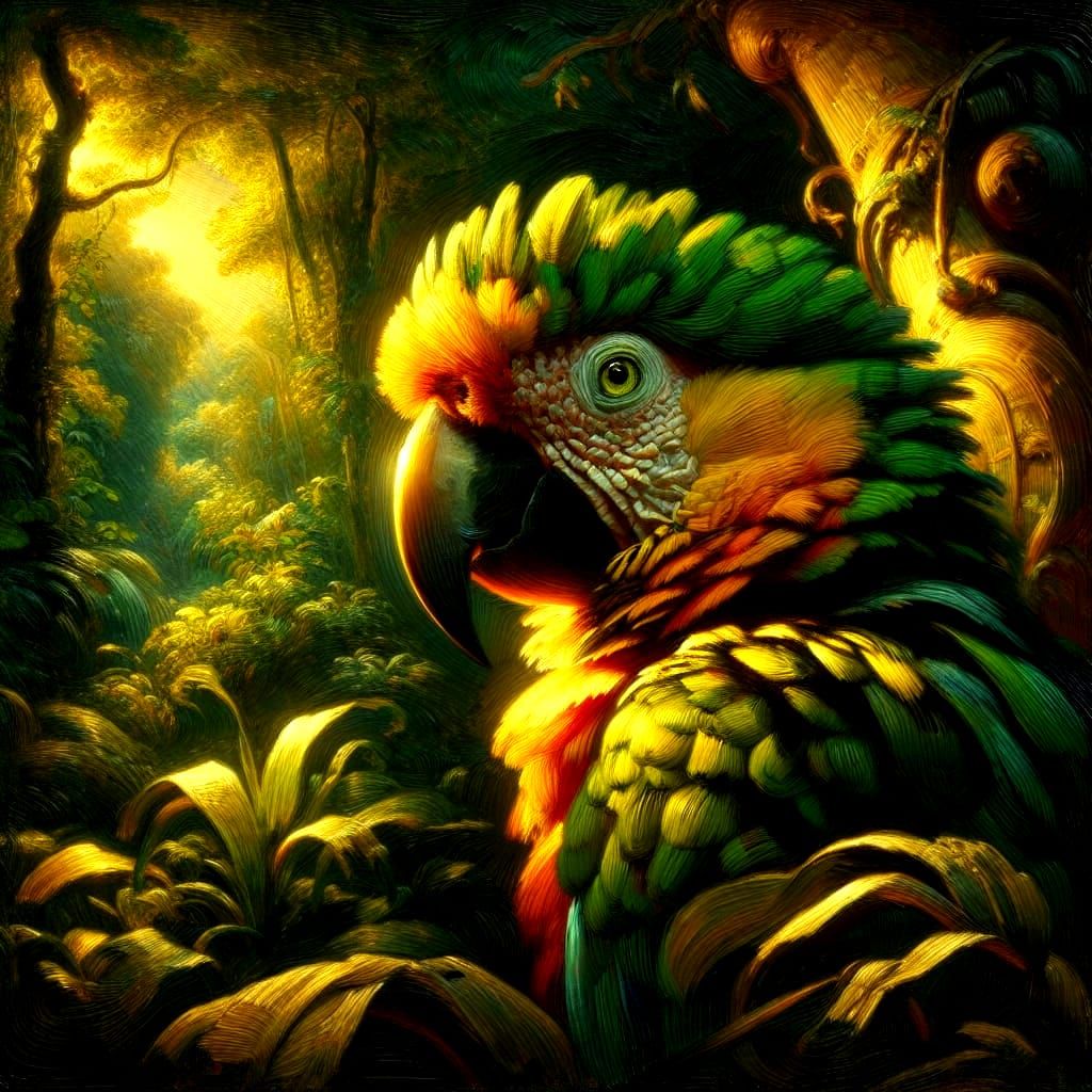 Parrot in Jungle: Impasto Painting in Golden Light