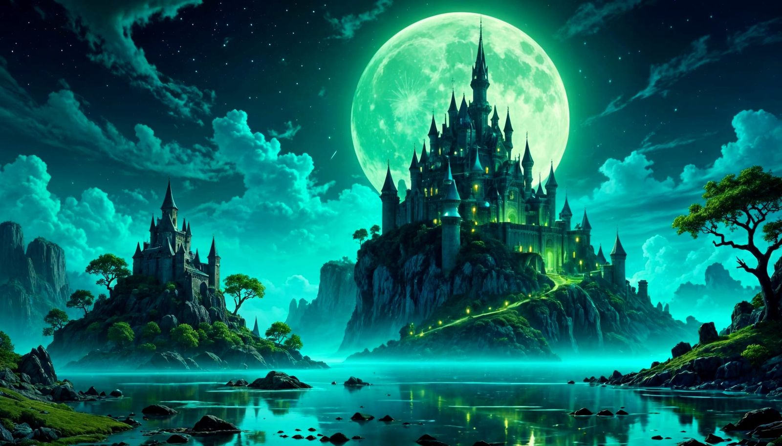 Bioluminescent Castle Under Magical Moon
