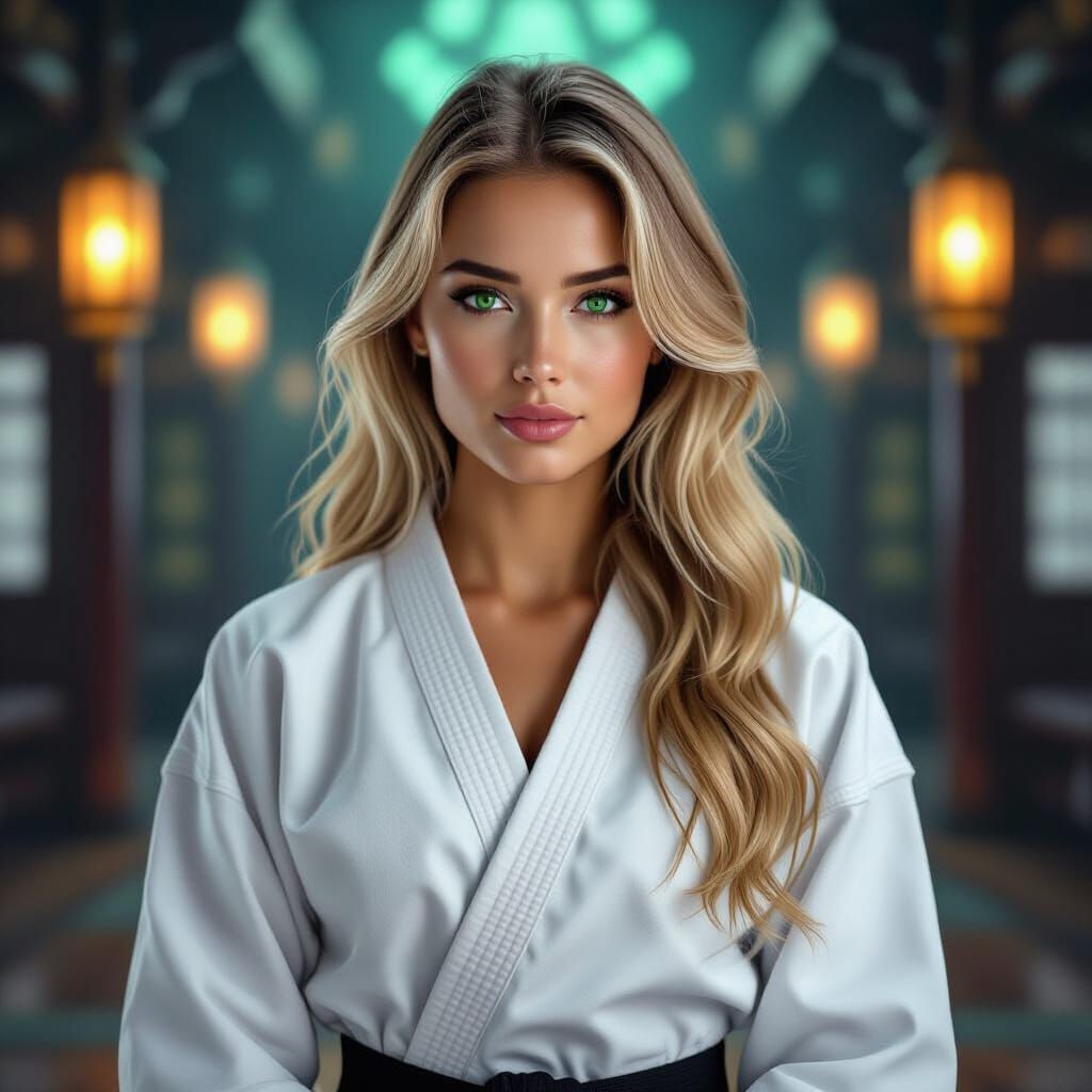 Karate Woman in Mystical Dojo: Gothic Romantic Portrait