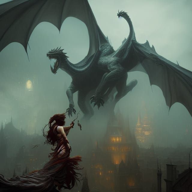 Girl and Dragon in Dark Fantasy Style