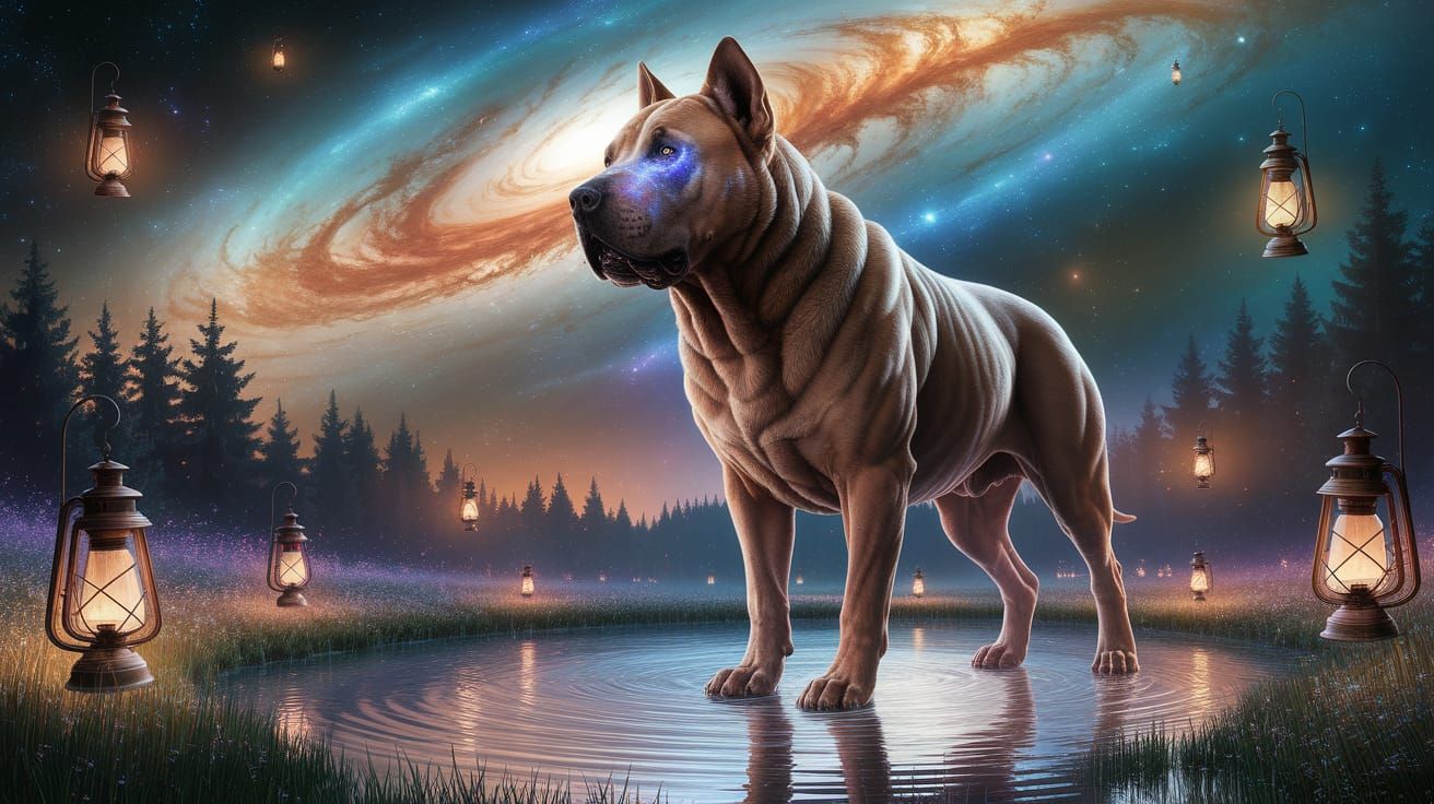 Cosmic Mastiff Guarding Nebula Pond Digital Painting