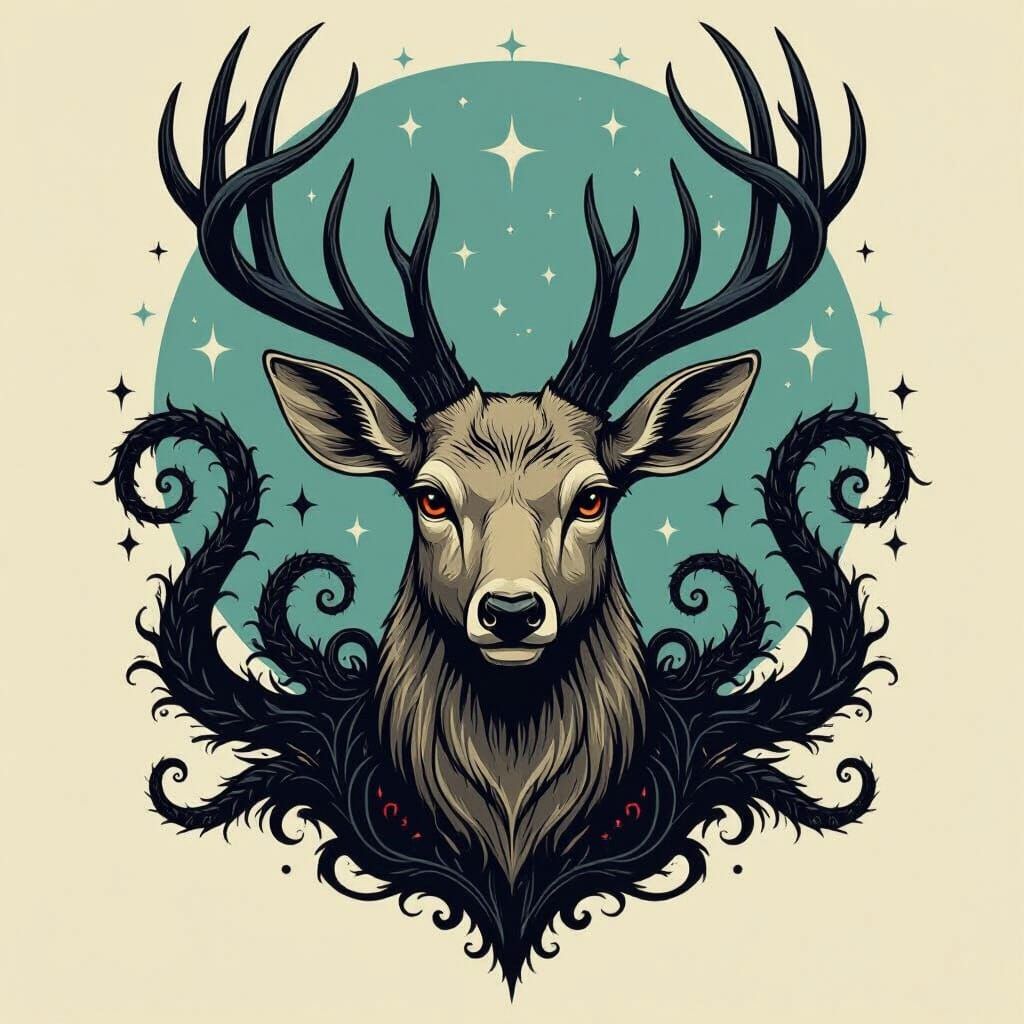 Mystical Deer Head with Tentacles in Dreamlike Style