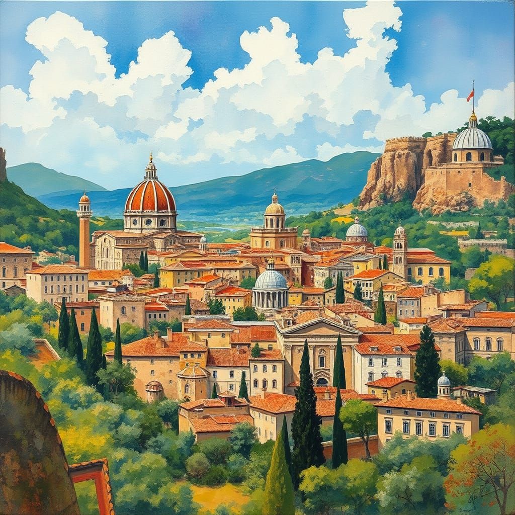 Ancient Metropolis in Gouache Watercolor Style