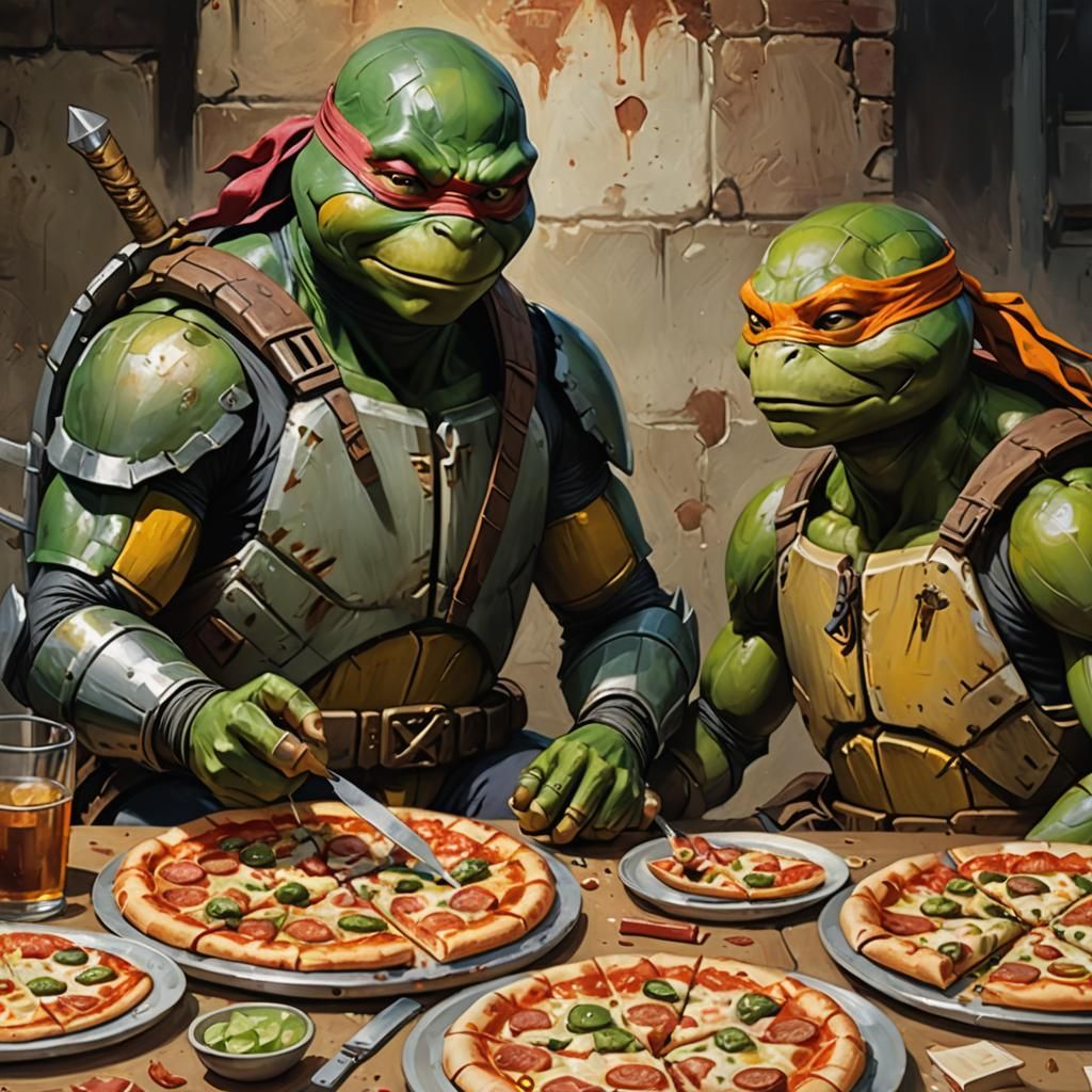 Shredder and April Pizza Feast with TMNT, Oil Painting