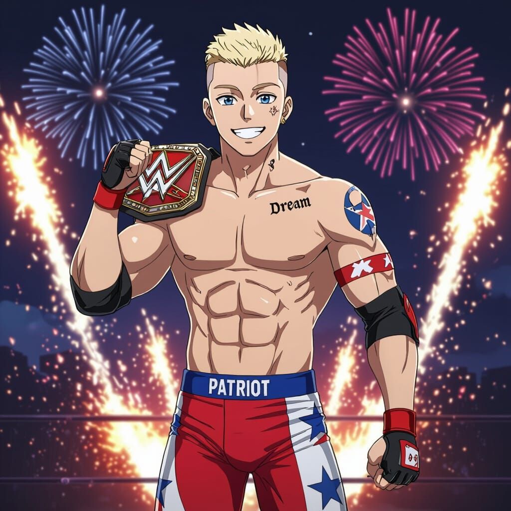 Anime Wrestler With Championship and Fireworks