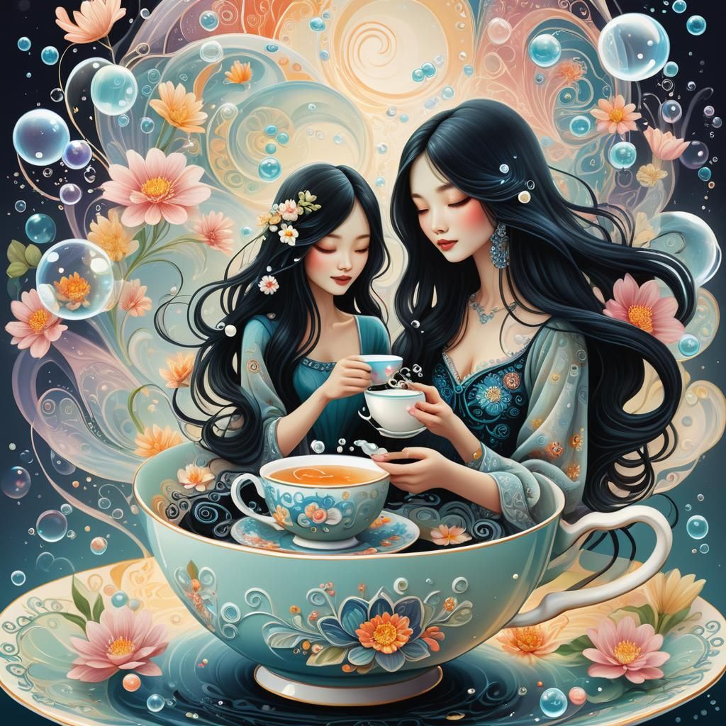 Dreamy Lady in Teacup with Bubbles: Zentangle Art