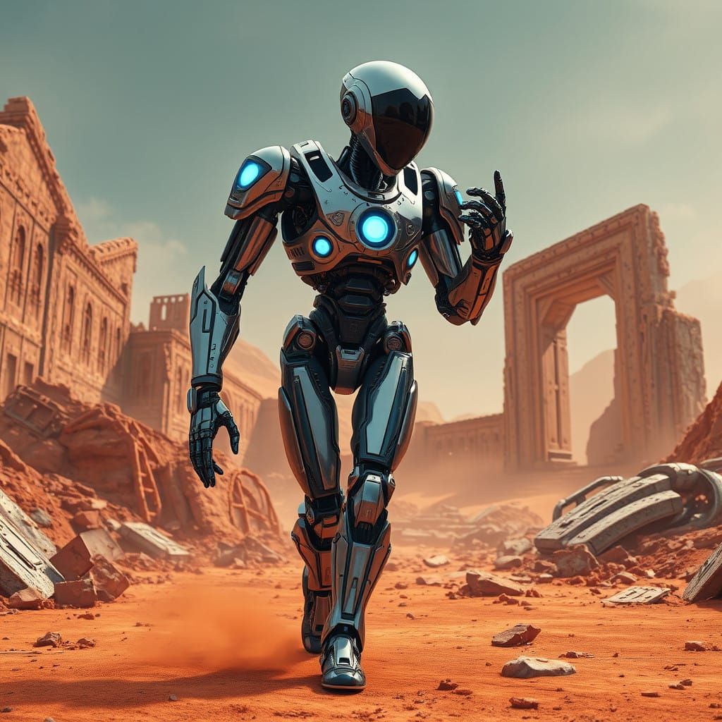 Cybernetic Explorer Amidst Ancient Alien Ruins