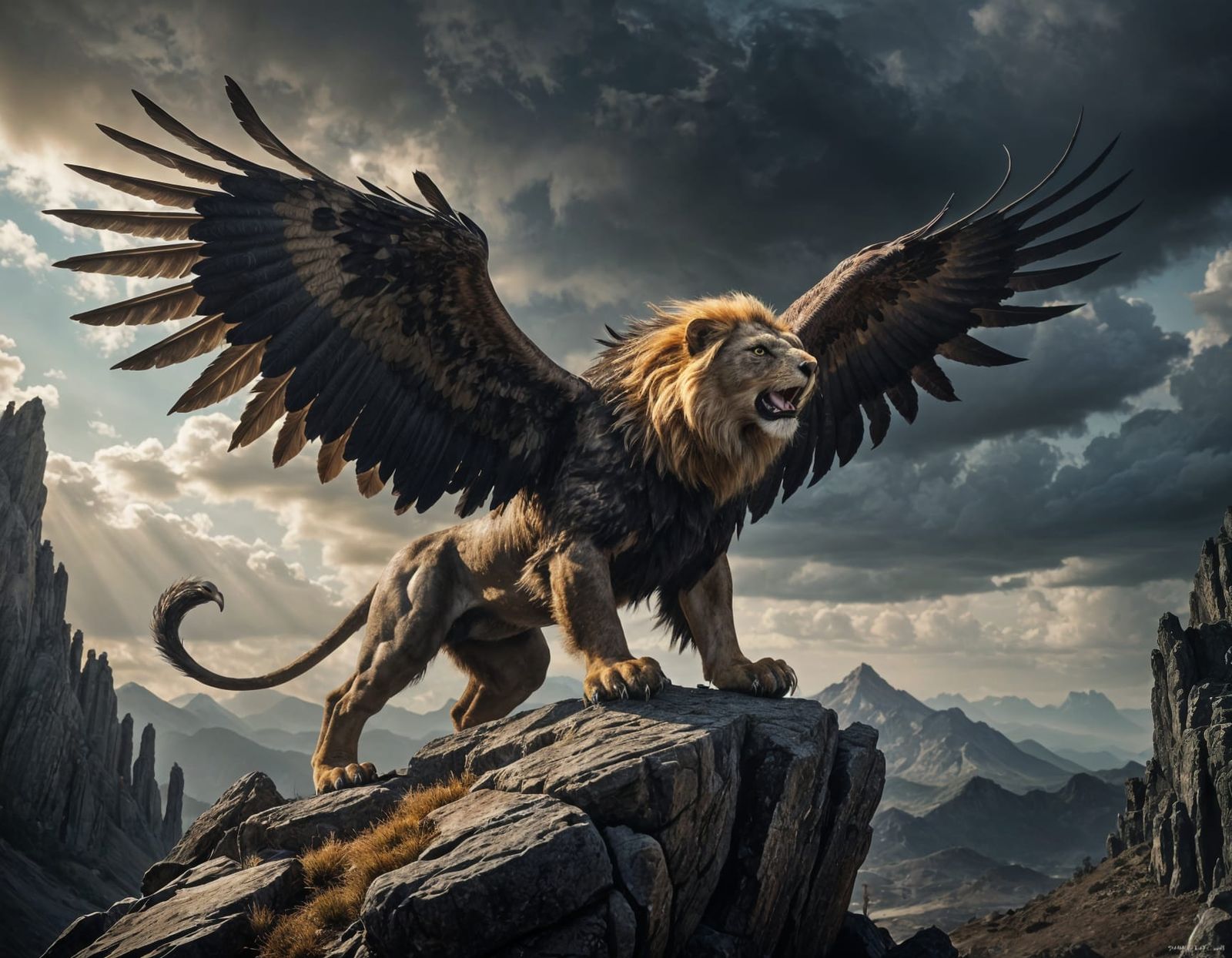 Dominant Eagle-Lion Hybrid on Rocky Peak