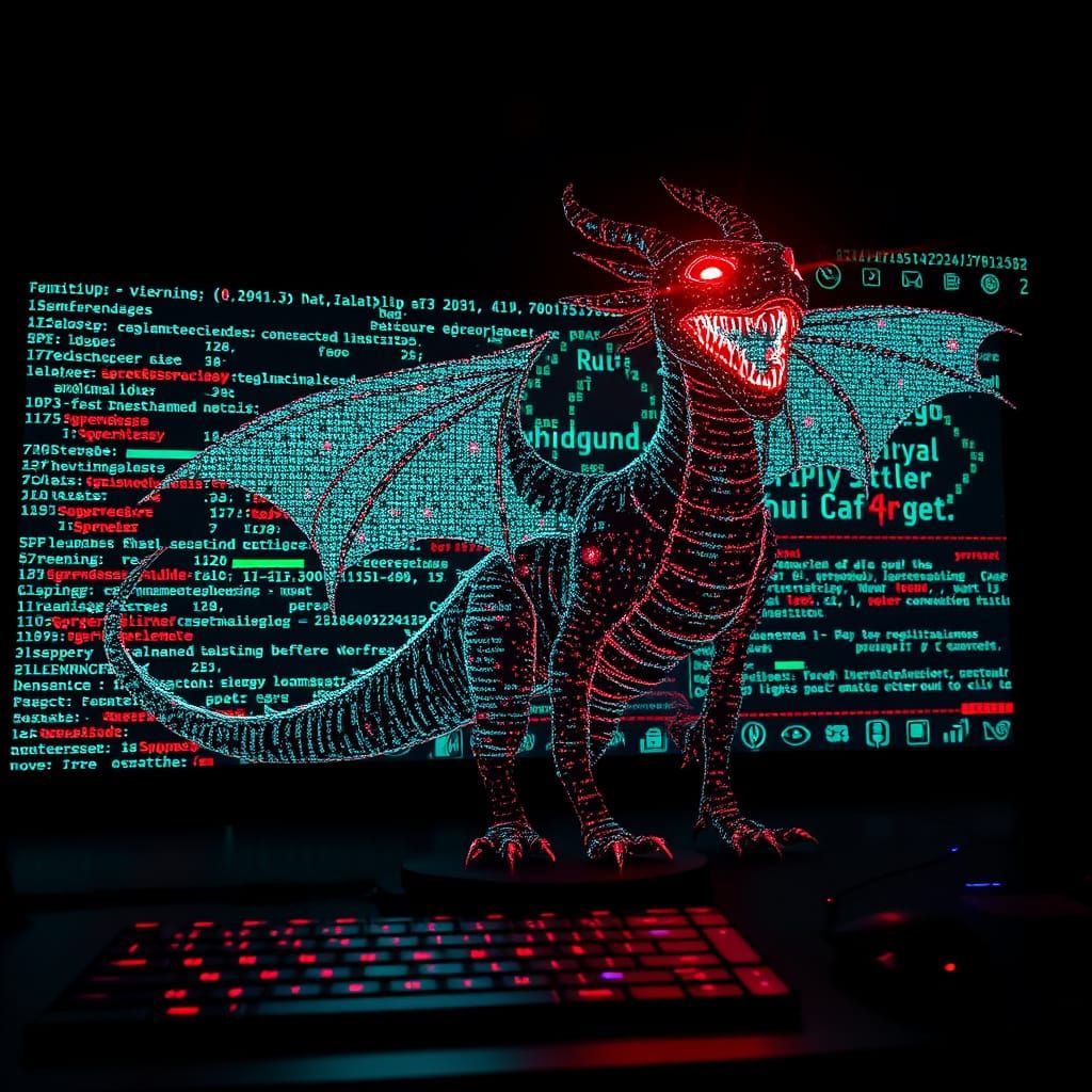 Digital Dragon Emerges from Computer Screen in Cyberpunk Sty...