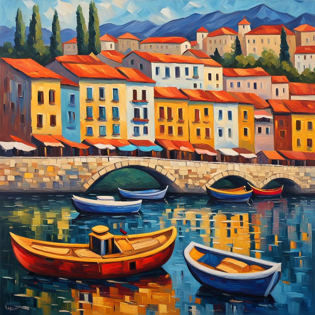 Podgorica, Montenegro: Expressionist Neo-Impressionism Oil P...