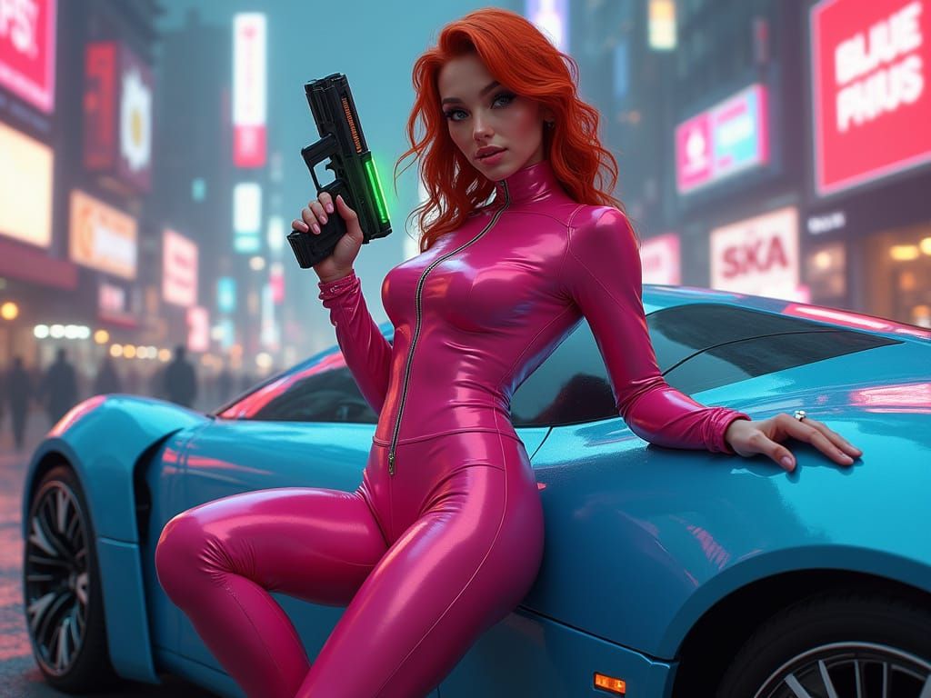 Cyberpunk Beauty with Blaster in Neon Cityscape