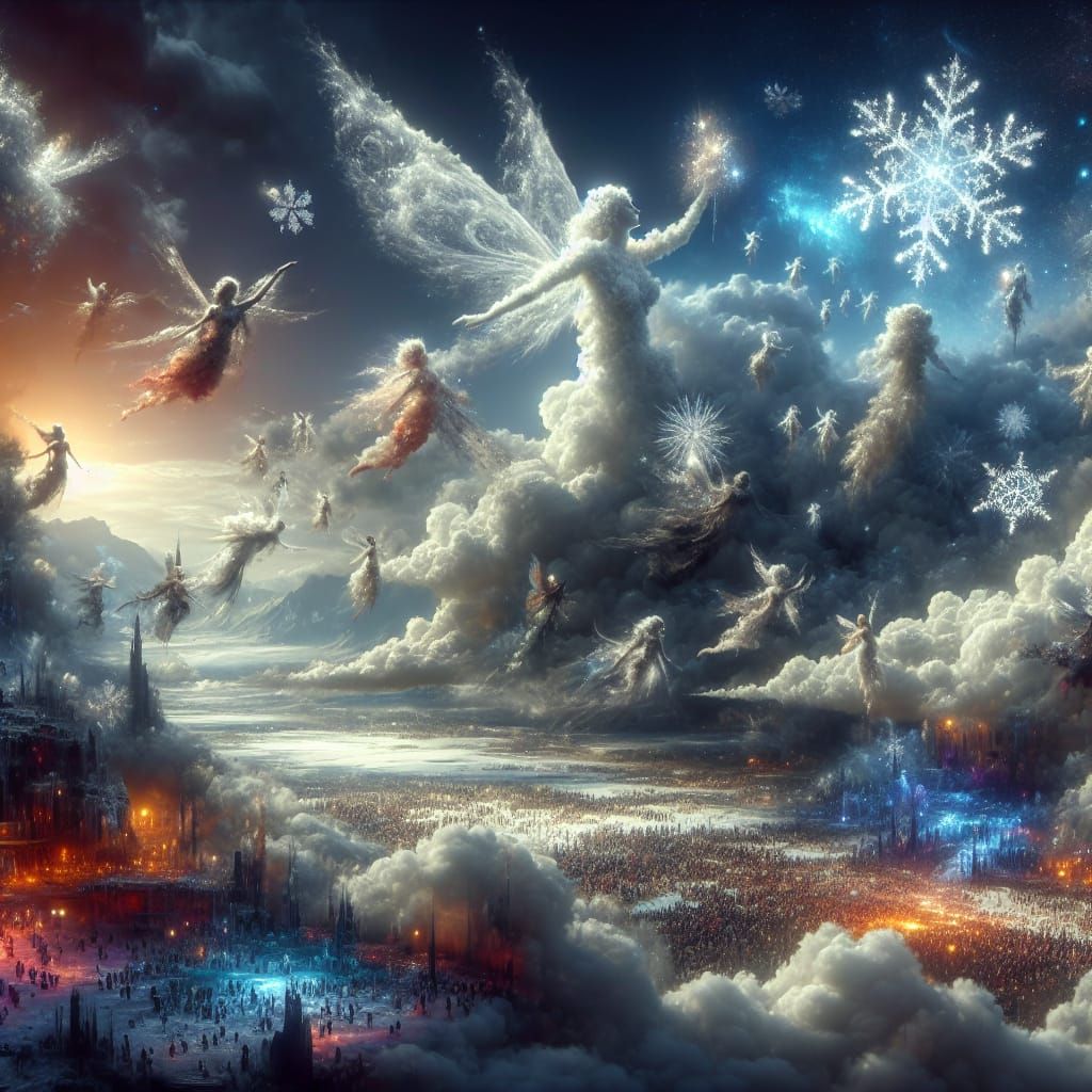 Cloud Fairies Admire Shimmering Snowflakes in Cinematic Digi...