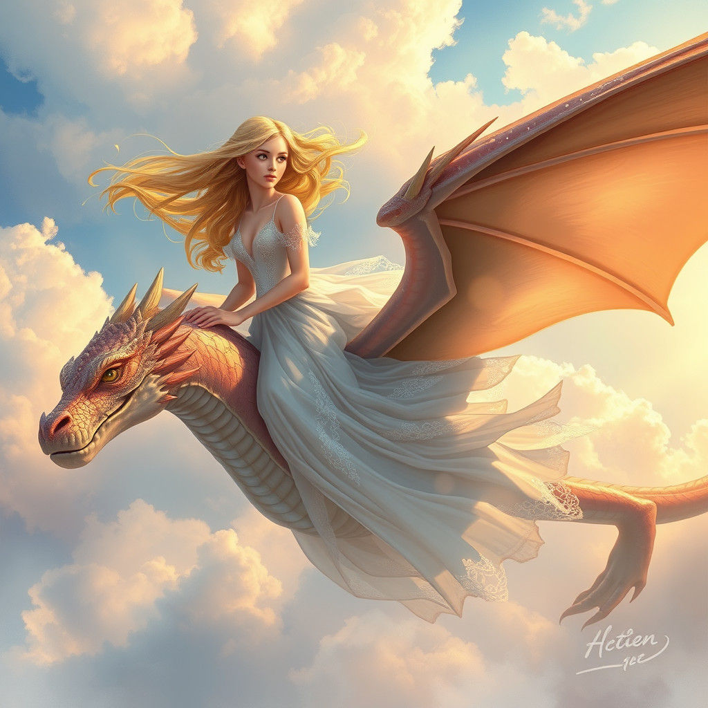 Blonde Maiden Riding a Dragon in Dreamlike Sky