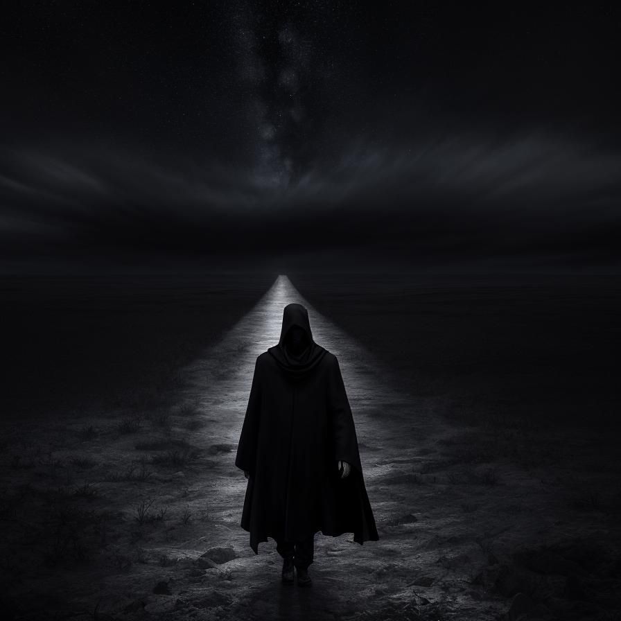 A cloaked man walks on a desolate landscape evoking a strong...
