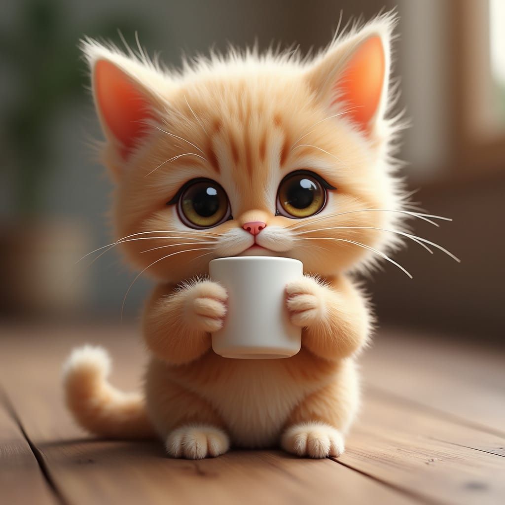 Fluffy Kitten Drinking Coffee in Realistic 4D
