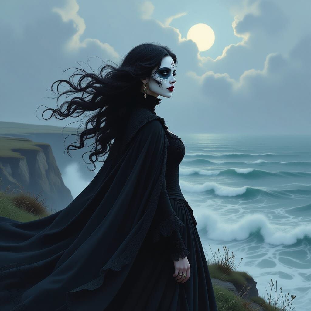 Gothic Woman on Cliff Overlooking Stormy Sea