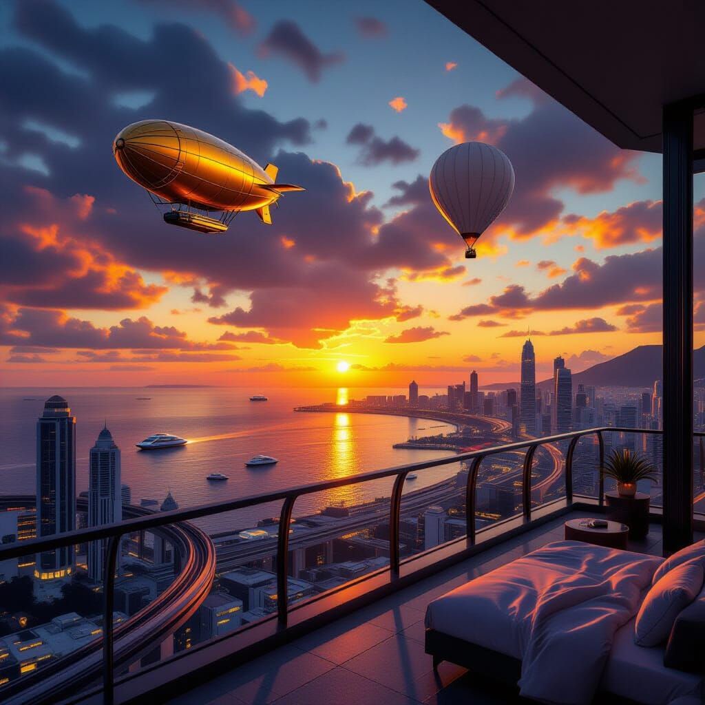 Futuristic Coastal City at Sunset